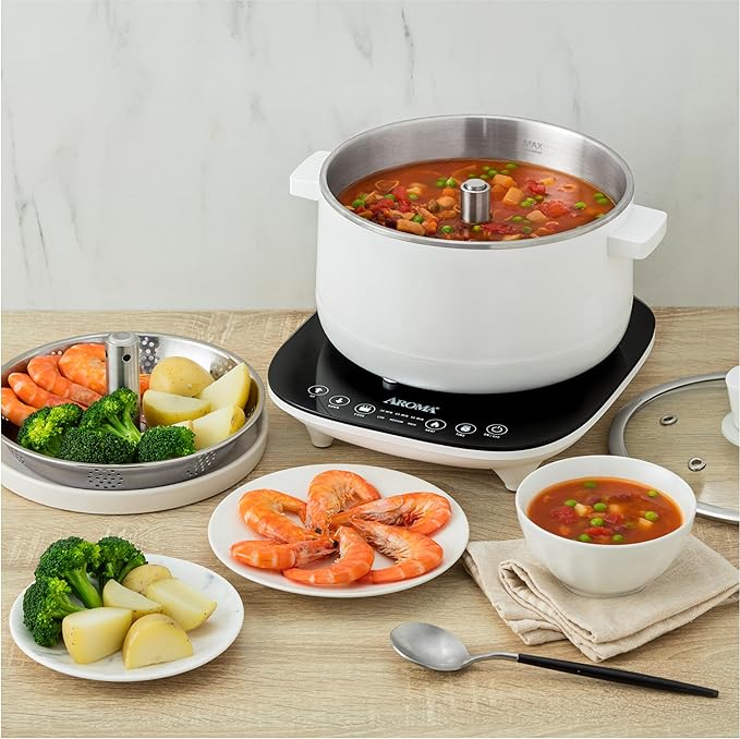 Aroma Housewares 2.5-Liter Smart Electric Hot Pot &amp Rapid Boil Steamer with Automatic Stainless Steel Steamer Basket Lift White ASP-700