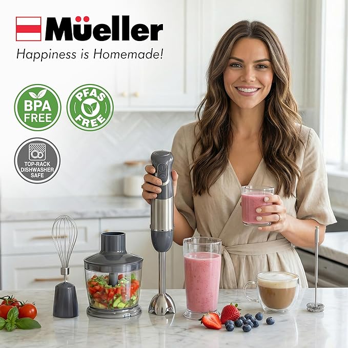Mueller Multistick 5-in-1 Immersion Blender Handheld12 Speed Hand Mixer-Turbo BoostHeaviest Duty Copper MotorTitanium reinforced Blades Hand BlenderMilk Frother WandWhiskBeakerChopperGrey
