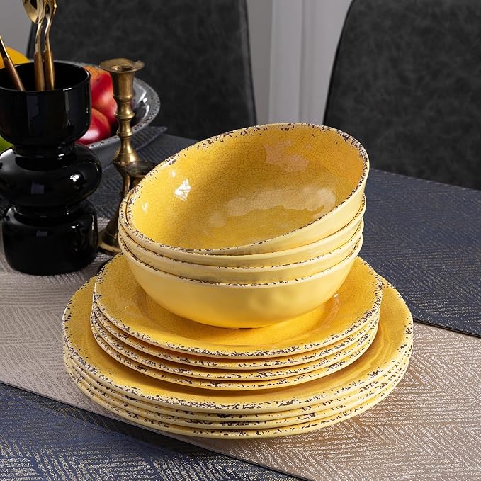 12-Piece Rustic Melamine Dinnerware Set With Dinner Plate Salad Plate And Large Capacity All Purpose BowlsService for 4 Indoor And Outdoor Use Yellow