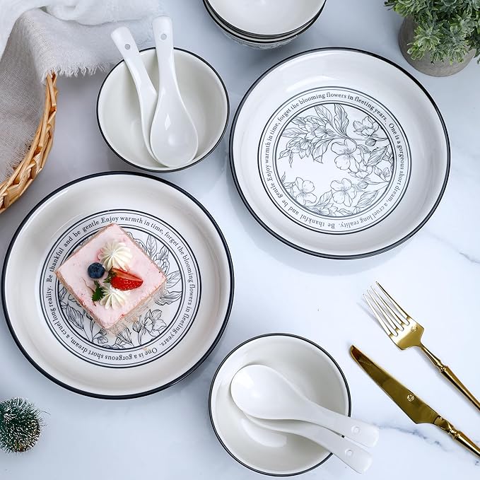 10 Piece Stoneware Dinnerware Sets for 2White and Blue Floral Plates and Bowls Set Microwave &amp Dishwasher Safe Chip Resistant Gift Box Included