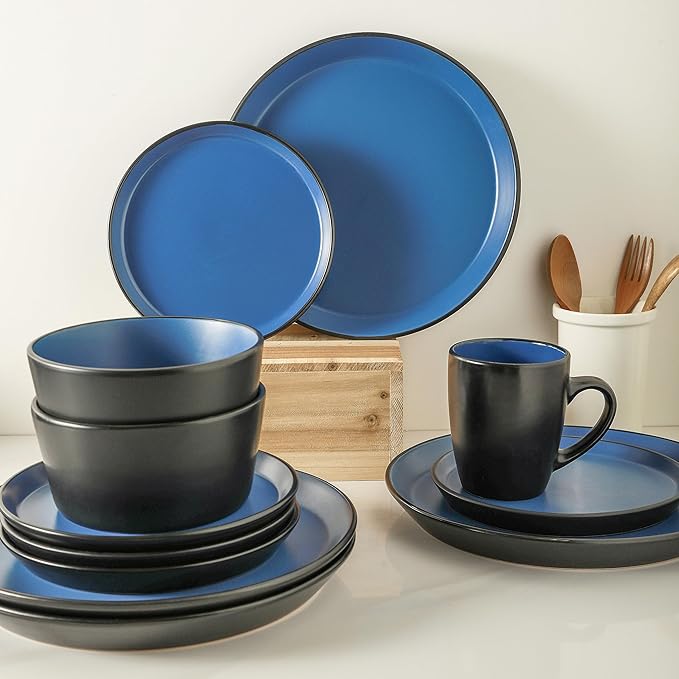 Stone Lain Albie Stoneware 16-Piece Modern Dinnerware Set Kitchen Plates and Bowls Sets Service for 4 Blue and Black Microwave &amp Dishwasher Safe