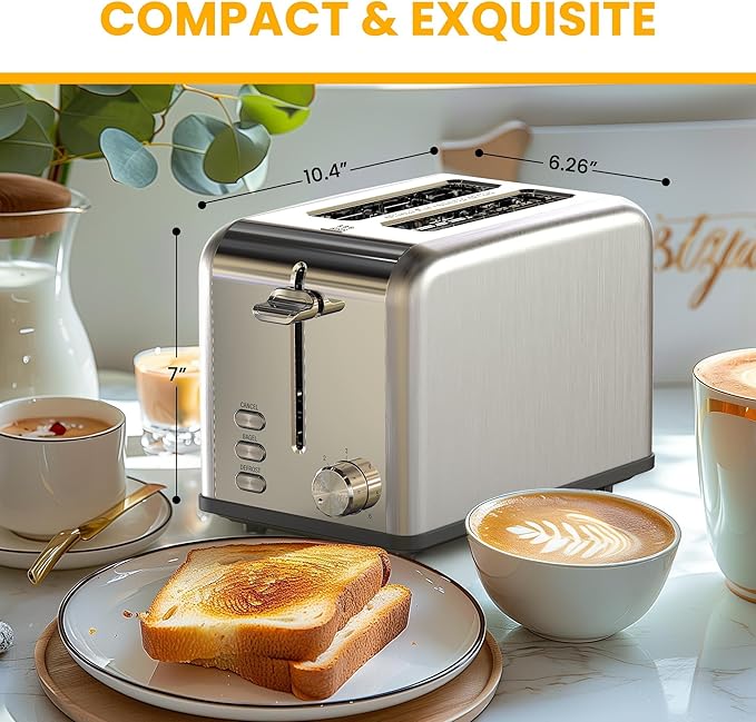 Simple Deluxe 2-Slice Stainless Steel Toaster Extra Wide Slot &amp Removable Crumb Tray 6 Browning Setting and 3 Function Toaster for Bread &amp Waffle Silver