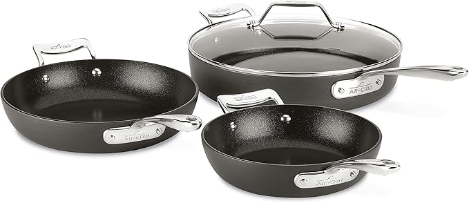 All-Clad Essentials Hard Anodized Nonstick Sauce Pan Set 4 Piece 8 10.25 Inch 4 Quart Oven Broiler Safe 500F Pots and Pans Cookware Black