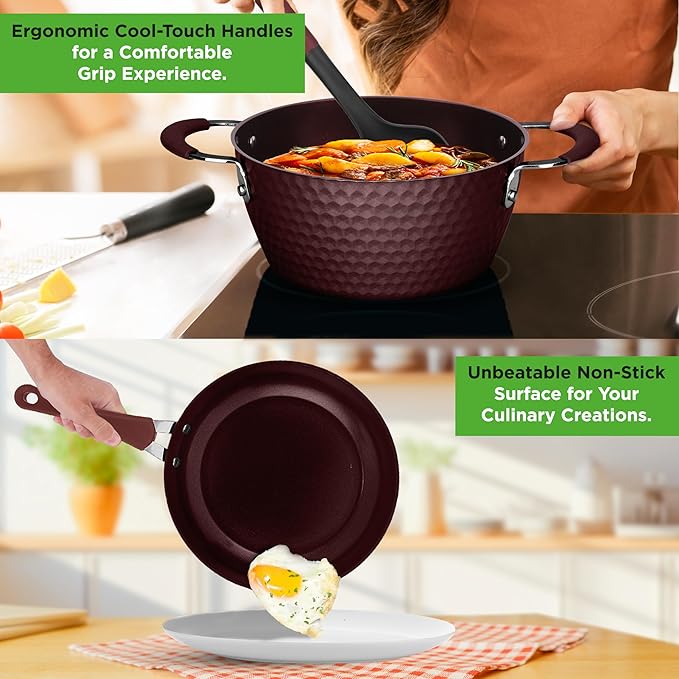 NutriChef Nonstick Cookware Excilon Home Kitchen Ware Pots &amp Pan Set with Saucepan Frying Pans Cooking Pots Lids Utensil PTFE/PFOA/PFOS free 11 Pcs Purple Diamond One size