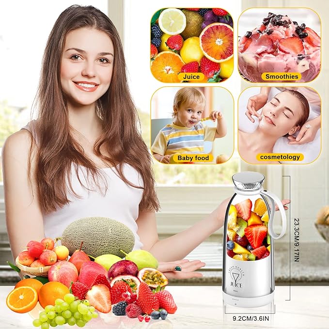 Portable Blender 500ML Personal Blender for Shakes and Smoothies Personal Size Blender Traveling Fruit Veggie Juicer Cup USB Rechargeable with Six Blades for Sports Travel and Outdoors (white)