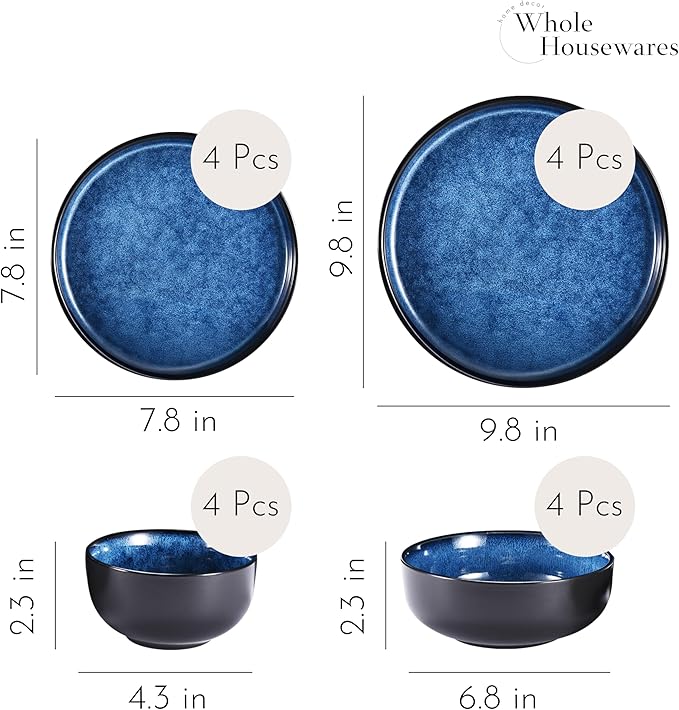 Whole Housewares Ceramic Plates and Bowls Set - Dinnerware Set - Microwave and Dishwasher Safe - 16 Piece Dinner Set - Perfect for Parties Birthdays or Weddings - Blue