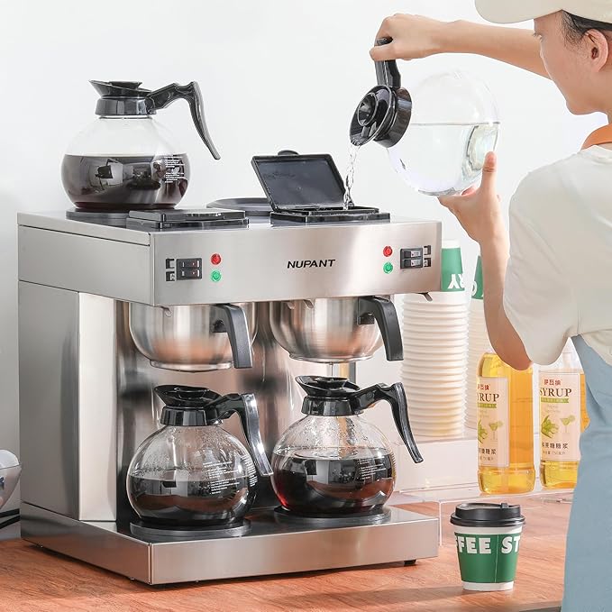 Dual Drip Commercial Coffee Maker 200 Cup/hour 7.2L Pour Over Coffee Machine with 4 Glass Carafe and 4 Warmers Stainless Steel Double Coffee Brewer Staition for Restaurant and COFFEE Bar