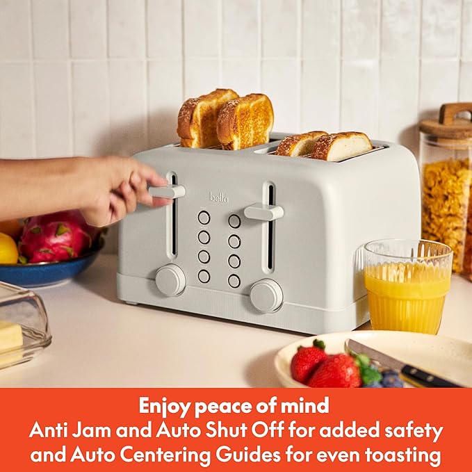 bella 4 Slice Toaster 6 Setting Shade Control with Reheat &amp Cancel Buttons Removable Crumb Tray Anti Jam &amp Auto Shutoff 900 Watt Oatmilk