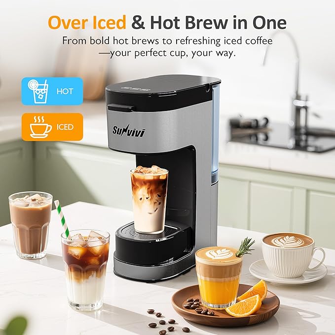 SUNVIVI Iced &amp Hot Coffee Maker: Single Serve Coffee Maker with 3 Brewing Options for K Pod Ground Coffee &amp Tea Removable Water Reservoir &amp Reusable Filter Ideal for Home &amp Office