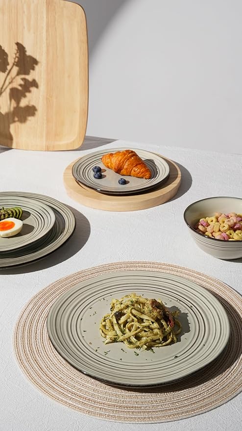 Famiware Plates and Bowls Sets 24-Piece Stoneware Dinnerware Sets Dishes Set for 8 Hand-made Reactive Glaze Dish Set Twilight Series Terre-verte