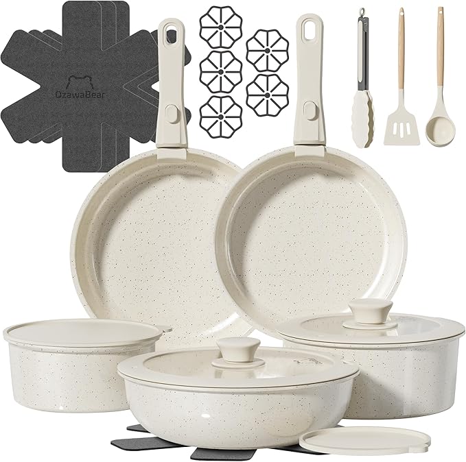 23 Pcs Pots and Pans Set Non Stick Ceramic Cookware Set Non Toxic with Detachable Handles Healthy Induction Cookware Oven Safe RV Kitchen Set PFAS PFOA &amp PTFE Free Cream White