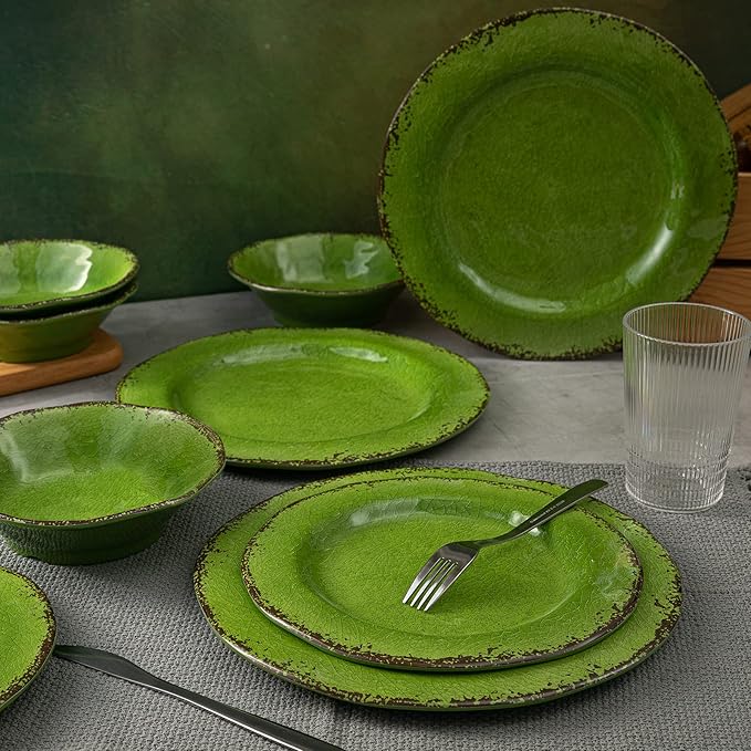 LEHAHA Melamine Dinnerware Set 12-Piece Dishes Set Lightweight and BPA Free Rustic Plates and Bowls Sets Service for 4 Indoor Outdoor Use Great for Patio Camping RVs (Green)