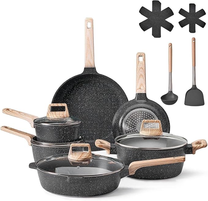 17 Piece Pots and Pans Set Granite Nonstick Cookware Induction Compatible - Black