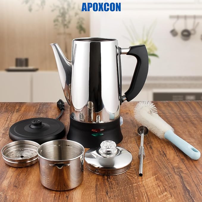 Electric Coffee Percolator Stainless Steel Coffee Maker with Heat Resistant Tough Glass Clear Brew Progress Knob Keep Warm &amp Cordless Serving Classic Coffee Pot with On/OFF Switch 12 Cup