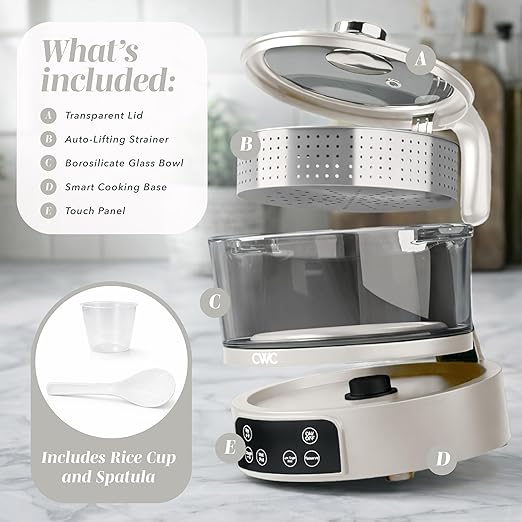 COOK WITH COLOR 3L Glass Mini Low Carb Rice Cooker – Holds 2 Cups Raw/Makes 6 Cups Cooked with Auto Lift Filter Basket Hotpot &amp Steamer for Rice Grains Digital Panel with Keep Warm Cream