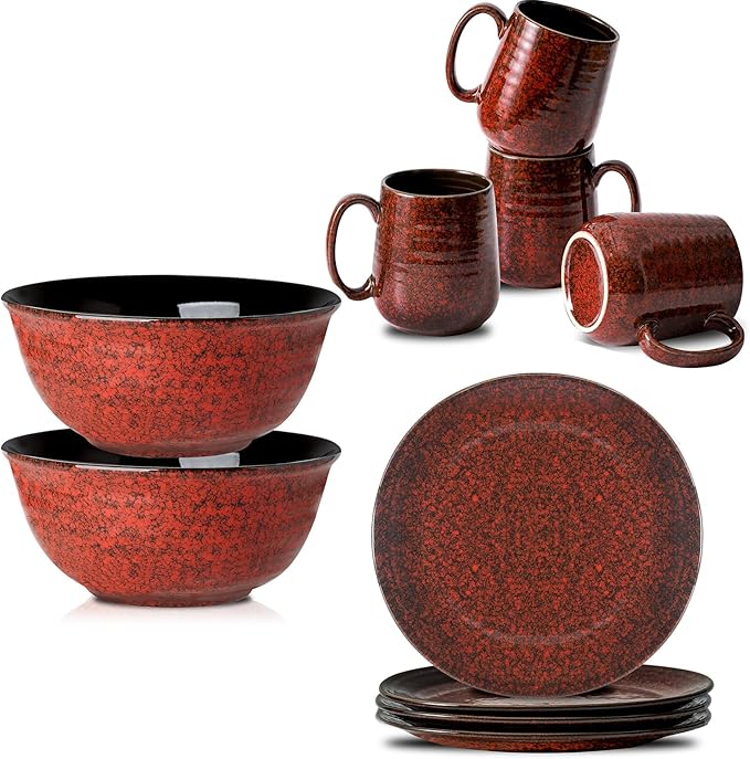 Hasense 10-Piece Service for 4 Dinnerware Set 65 Oz Bowls 10 inch Plates 15 Oz Mugs Red