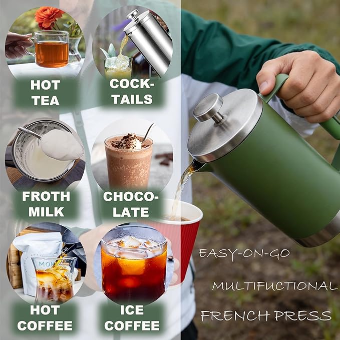Stainless Steel French Press Coffee Maker 21OZ 600ml Coffee Press Tea Press for Personal Office TravelCamping (Green 1-3 Cups)