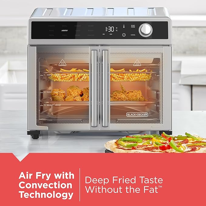 BLACK+DECKER Crisp 'N Bake Air Fryer Toaster Oven Combo 12 in 1 Countertop Convection Oven Cooks Food Fast Fits a Whole Pizza or 6 Toast Slices French Doors with Stainless Steel Finish