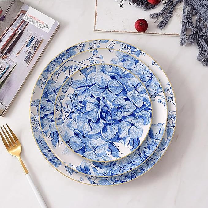 Bone China Dinnerware Sets Service for 4Delicate afternoon tea Dinnerware SetSteak Dinner Plates Dish Set Includes coffee cupIntegrates the nature European blue hydrangea flower