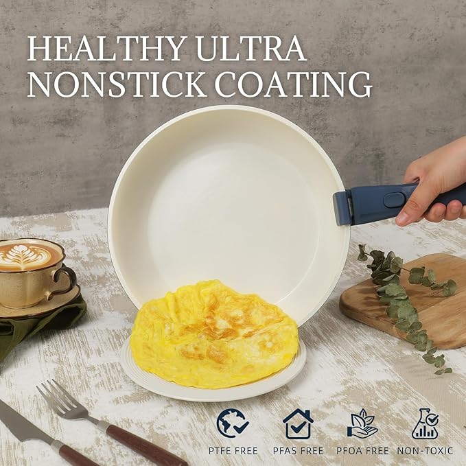 Ceramic Cookware Set Non Stick 8Pcs Pots and Pans Set Detachable Handle Induction Kitchen Cooking Set with Frying Pans Oven Dishwasher Safe PFAS/PFOA Free Navy