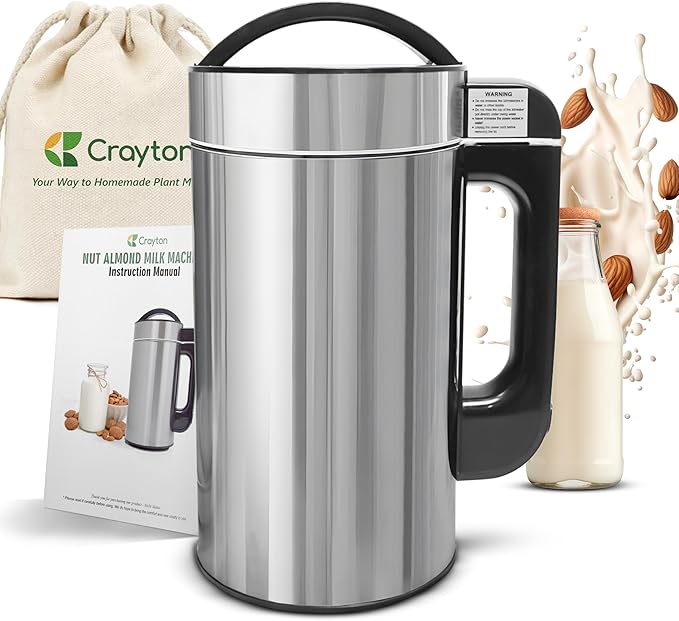 Crayton Nut Milk Maker Machine with Built-in Strainer 51oz/ 1.5L Stainless Steel Almond Milk Maker for Soy Almond Oat Cashew Nut Milks &amp More 7-in-1 Multi-Functional 6-7 Cups Per Batch 120V