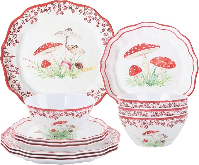 UPware 12 Piece Mushroom Melamine Dinnerware Sets Outdoor Dishes Set Plates and Bowls Sets Service for 4 Red