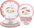 UPware 12 Piece Mushroom Melamine Dinnerware Sets Outdoor Dishes Set Plates and Bowls Sets Service for 4 Red
