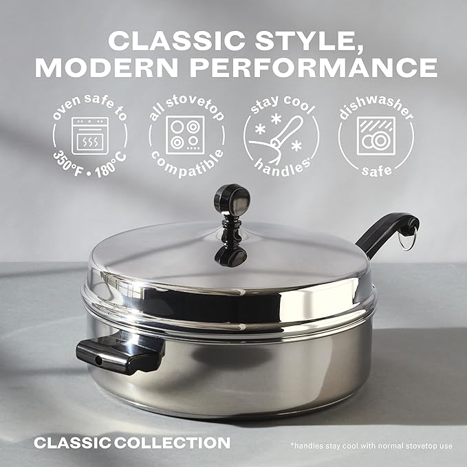 Farberware Classic Series Anniversary Edition Stainless Steel Sauté Pan and Lid with Helper Handle Induction Suitable 6 Quart Jumbo Cooker Metal Utensil Safe - Stainless Steel