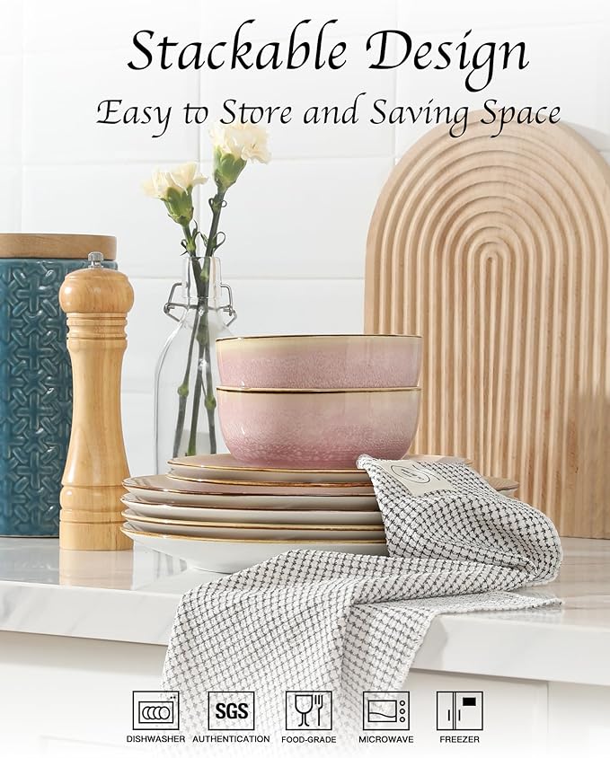Sweejar Dinnerware Sets Service for 4 12 pcs Porcelain Plates and Bowls for Kitchen Housewaring Gift Chip and Scratch Resistant Dish Set Handmade Dishwasher and Microwave Safe Plate Set Pink