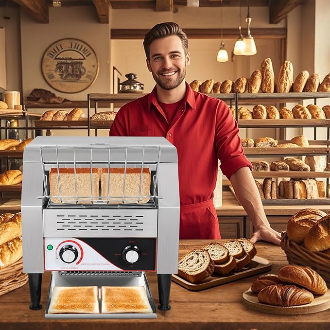 Dyna-Living Commercial Toaster 300 Slices/Hour Conveyor Toaster Commercial 1900W Heavy-duty Stainless Steel Rotating Toasters Oven for Restaurant Conveyor Belt Toasters for Bun Bagel Bread