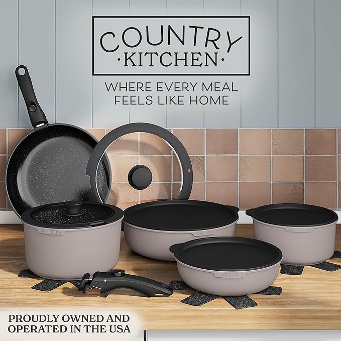 Country Kitchen Cookware Set with Removable Handle Oven &amp RV Safe Pots and Pans Set Grey/Black Original