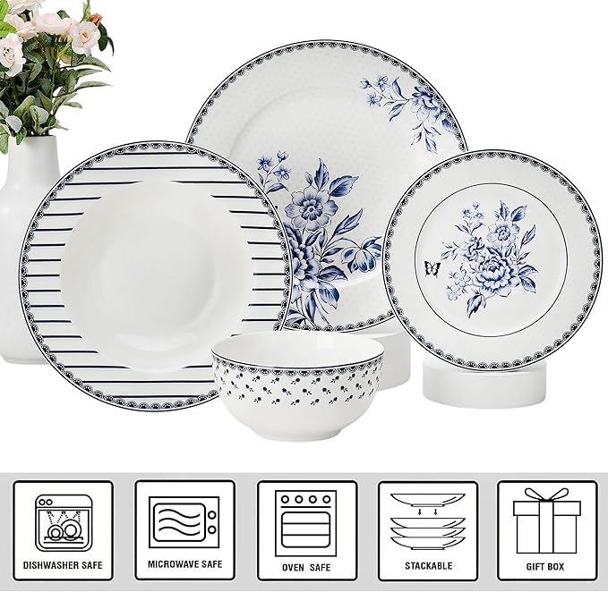 24-Piece Bone China Dinnerware Set in Gift Box Service for 6 Porcelain Dinnerware Tropical Dishes Set - Dinner Plates Dessert Plates Cereal Bowls Mugs (Vintage Indigo)