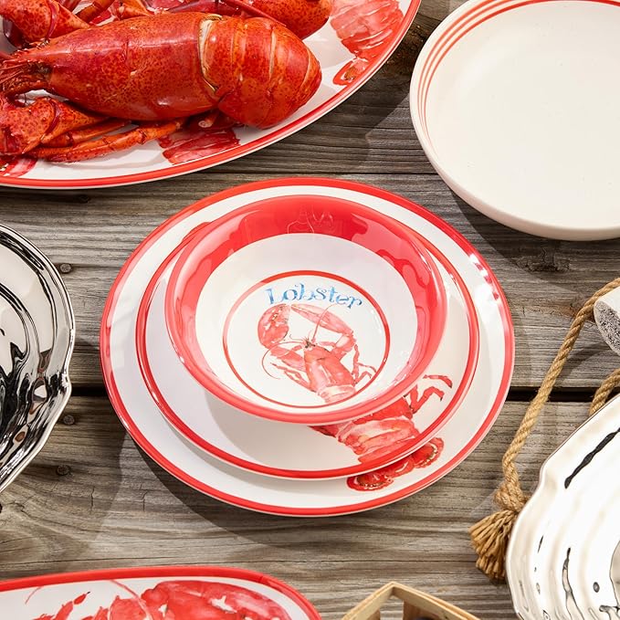 Beach House Lobster 12-Piece Melamine Dinnerware Set – Bold Coastal Charm Service for 4 Durable Lightweight and Dishwasher-Safe