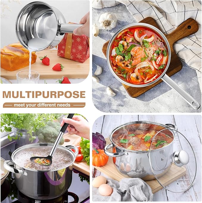 Walchoice 8-Piece Stainless Steel Cookware Set Kitchen Pots and Pans Set with Glass Lid for Cooking Kitchen Cookware Set with Utensils Induction &amp Dishwasher Safe Silver