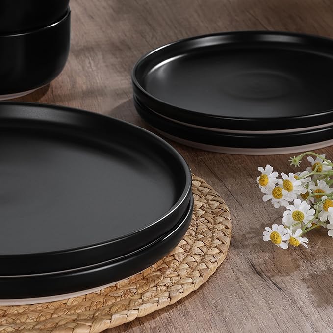 HaWare Stoneware Dinnerware Sets 18-Piece Plates and Bowls Set for 6 Dishes Set for Home Restaurant Frosting Black