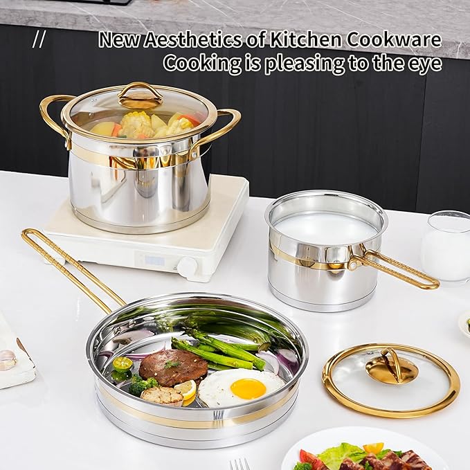 11-Piece Stainless Steel Pots and Pans SetPremium Stainless Steel Cookware - Induction Safe Non-Toxic Kitchen Cookware Set with Gold Stay Cool Handles Compatible with All Cooktops