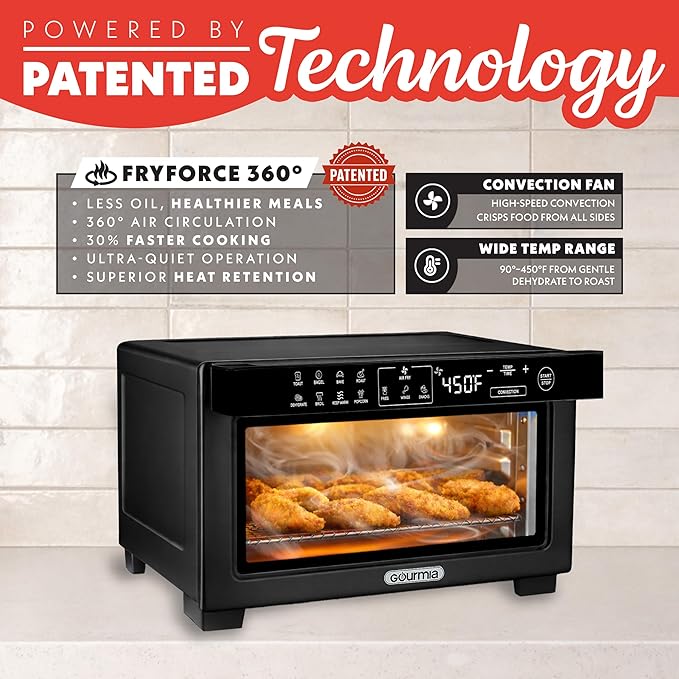 Gourmia Toaster Oven Digital Air Fryer - Convection Mode with 4 Slice Capacity 3 Rack Positions 12 Presets Toast Bagel Bake Roast Broil Dehydrate Popcorn Fits 9 Pizza Black