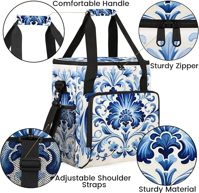 Floral Blue White Coffee Maker Travel Bag for Keurig K-Mini/K-Mini Plus Insulated Waterproof Tote with Pockets for K-Cup Portable Single-Serve Brewer Case