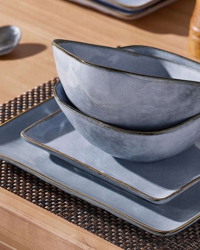 Famiware Dinnerware Sets for 4 Ocean Square 12-Piece Kitchen Plates and Bowls Sets Reactive Glaze Microwave and Dishwasher Safe Scratch Resistant Blue