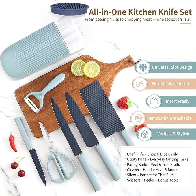 Knife Set 7-Piece Kitchen Knife Set with Sharp Chef and Meat Knives Anti-Rust Utility Knives Set for Kitchen Kitchen Knife Block Set（Blue）