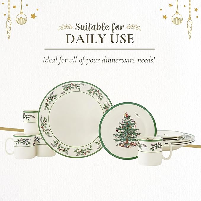 Spode Christmas Tree 12-Piece Dinnerware Set (Service for 4) - Festive Holiday Tableware with Plates &amp Mugs - Fine Earthenware Christmas Dinnerware - Microwave &amp Dishwasher Safe