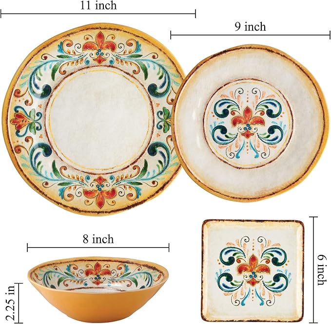 UPware 16 Piece Tuscany Melamine Dinnerware Sets Outdoor Dishes Set Plates and Bowls Sets Service for 4 Multicolor