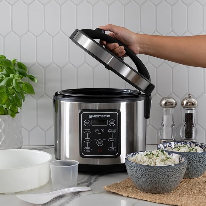 West Bend Rice &amp Grain Multi Cooker Programmable with 9 Preset Functions Features Delay Start and Keep Warm Functions and Steam Basket 20 Cups Cooked (10 cups uncooked) Stainless Steel