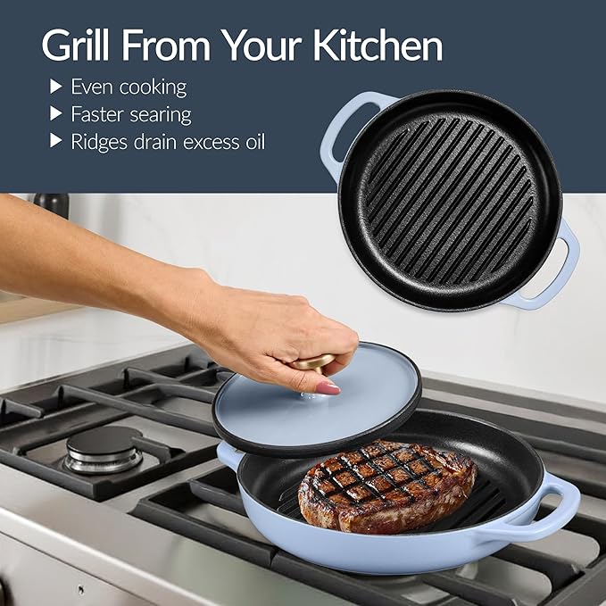 Best Choice Products Non-Stick Pot &amp Pan Cookware Set Cast Iron 2Qt Skillet W/Lid 10 Grill Or Griddle Pan W/Press 6Qt Enameled Dutch Oven Non-toxic For Cooking &amp Grilling - Cornflower