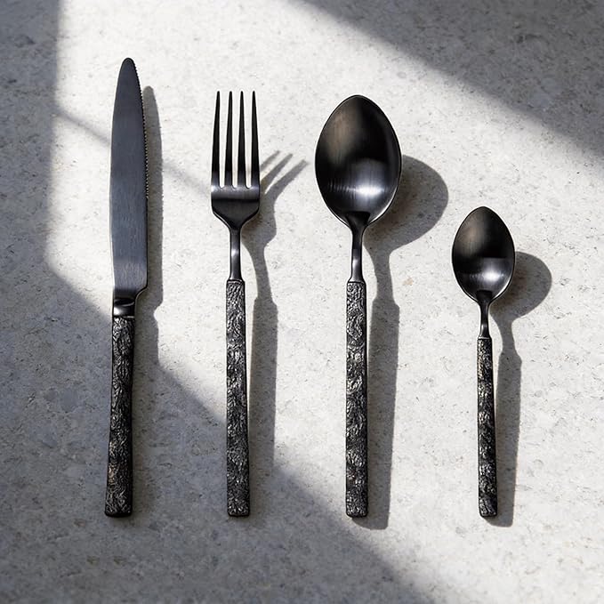 Black Silverware Set for 8 Modern Square Flatware Set Stainless Steel 32 Piece Cutlery Utensils Sets for Home Kitchen Restaurant Mirror Polished
