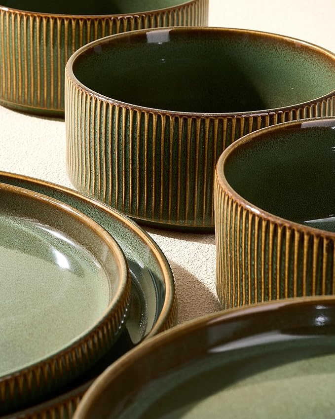 Stoneware Dinnerware Sets Handcrafted Double Reactive Glaze Plates and Bowls for Everyday &amp Formal Dining Microwave &amp Dishwasher Safe Scratch Resistant Dishes Service for 4 (12-Piece) Moss