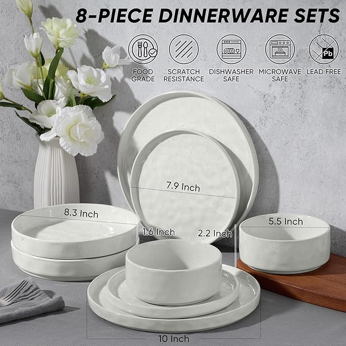 E-far 8-Piece Plates and Bowls Sets with Pasta Bowls - Stoneware Dinnerware Set for 2 Modern Ribbed Speckled White Dishes Microwave &amp Dishwasher Safe