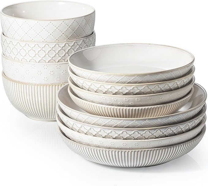 Getstar 12-Piece Dinnerware Sets Plates and Bowls Sets (9.2” Dish + 7.6” Dish + 6” Bowl) for 4 Microwave and Dishwasher Safe Ceramic Dinnerware Sets
