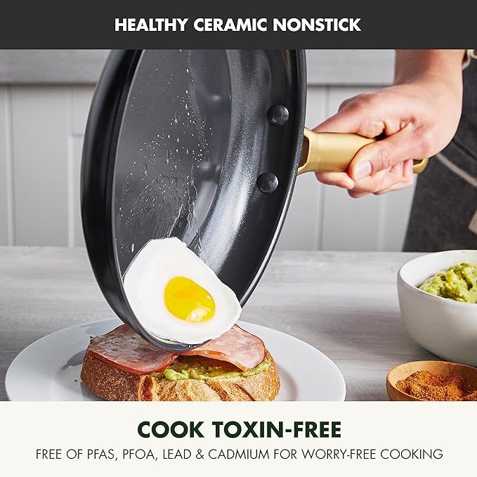 GreenPan Hard Anodized Healthy Ceramic Nonstick 16 Piece Cookware Pots and Pans Set Gold Handle PFAS-Free Dishwasher Safe Oven Safe Black