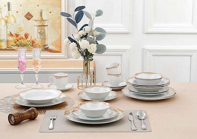 Lorren Home Trends Catherine 24 Piece Porcelain Dinnerware Set Gold
